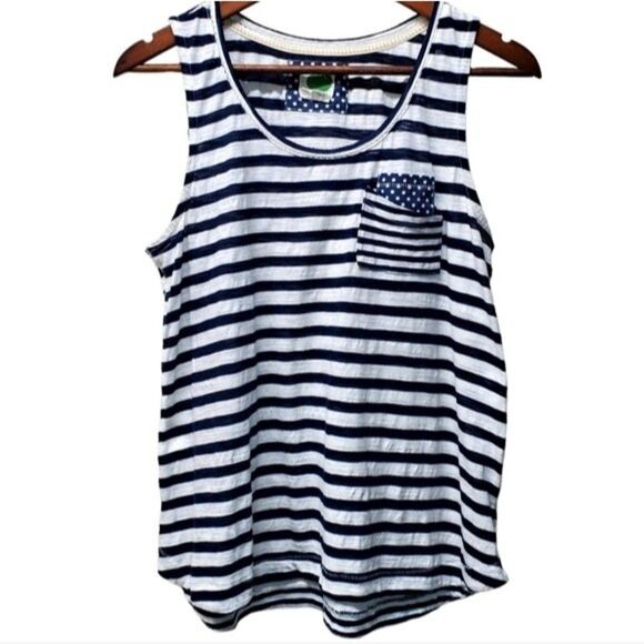 ANTHROPOLOGIE Navy and White Striped Pattern Polka Dot Pocket Tank Top in Size M - Picture 1 of 6